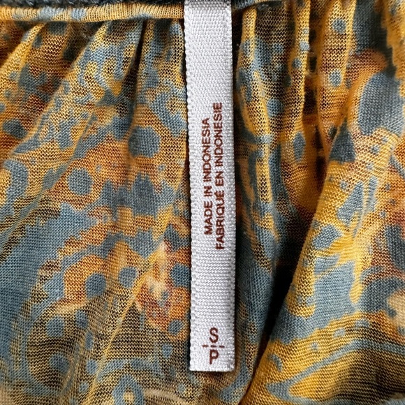 FREE PEOPLE Boho Burnout Cropped Top Turquoise Beaded 3/4 Sleeve Mustard Yellow - Picture 3 of 11